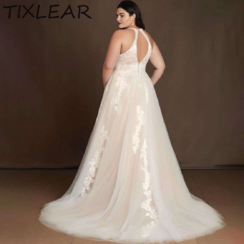 TIXLEAR 여성용 A 라인 플러스 사이즈 웨딩 드레스, 섹시하고 우아한 홀터 레이스 아플리케, V 넥 신부 가운, 2024