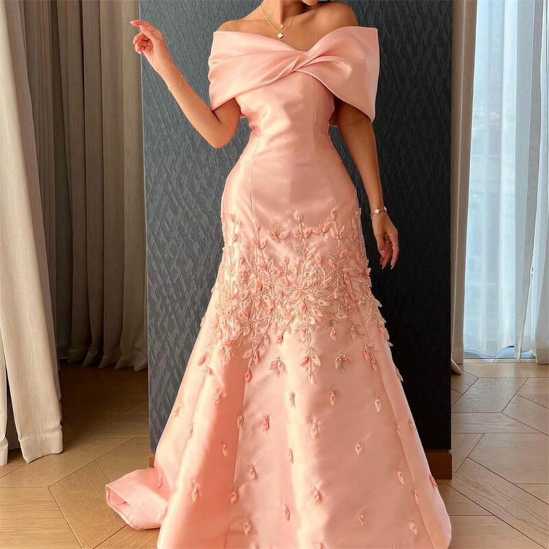 Satin Sequined Applique Beading Ruched Engagement A-line Off-the-shoulder Bespoke Occasion Gown Long Dresses