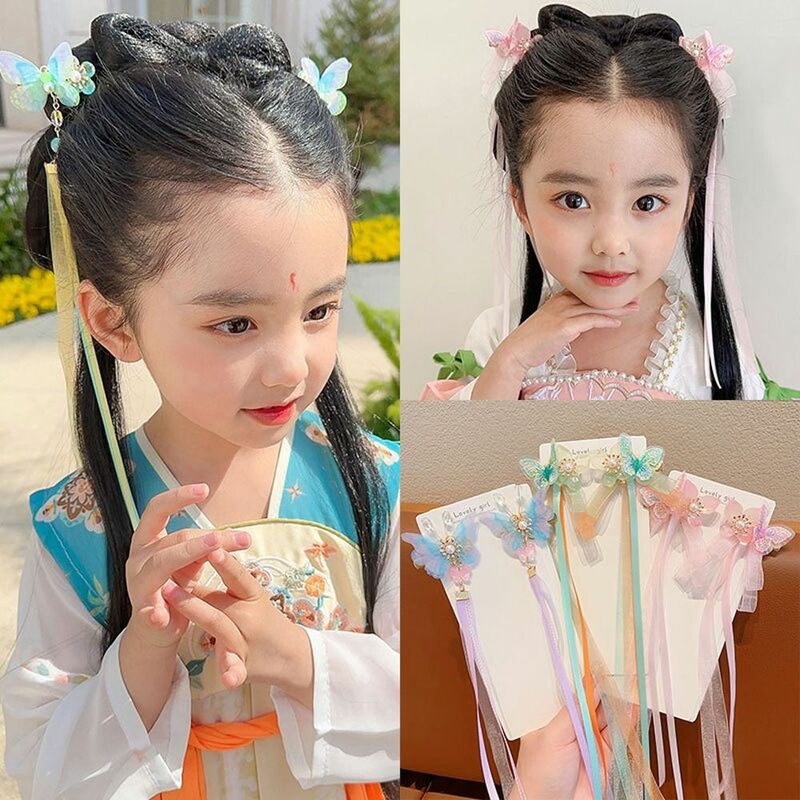Pince à cheveux fleur perlée pour filles, ornement Hanfu, longue banderole, style chinois, barrettes pour enfants, vêtements de sauna, épingle à cheveux