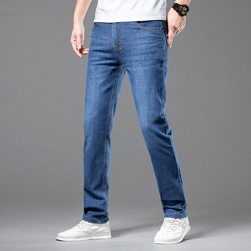2022 lato Brand New męska Fit proste lekkie bawełniane jeansy ze streczem klasyczna odzież na co dzień średnio wysokie talii Slim Fit cienkie spodnie