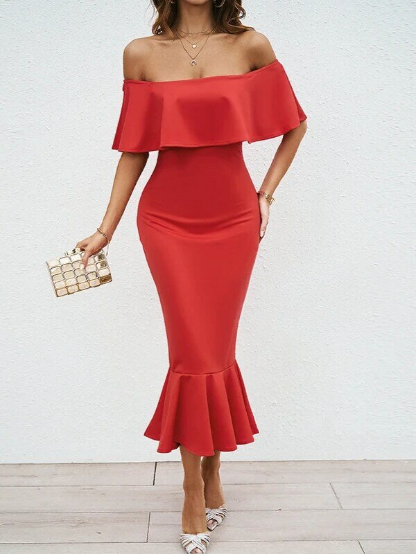 Модное Длинное Платье с вырезом-лодочкой для лета, новое праздничное однотонное платье, красное вечернее платье «рыбий хвост» для женщин