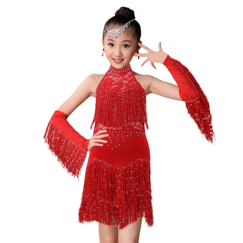 Vestido de renda latina com luvas para meninas, conjunto dancewear, uniforme de competição, vestido borla, performance