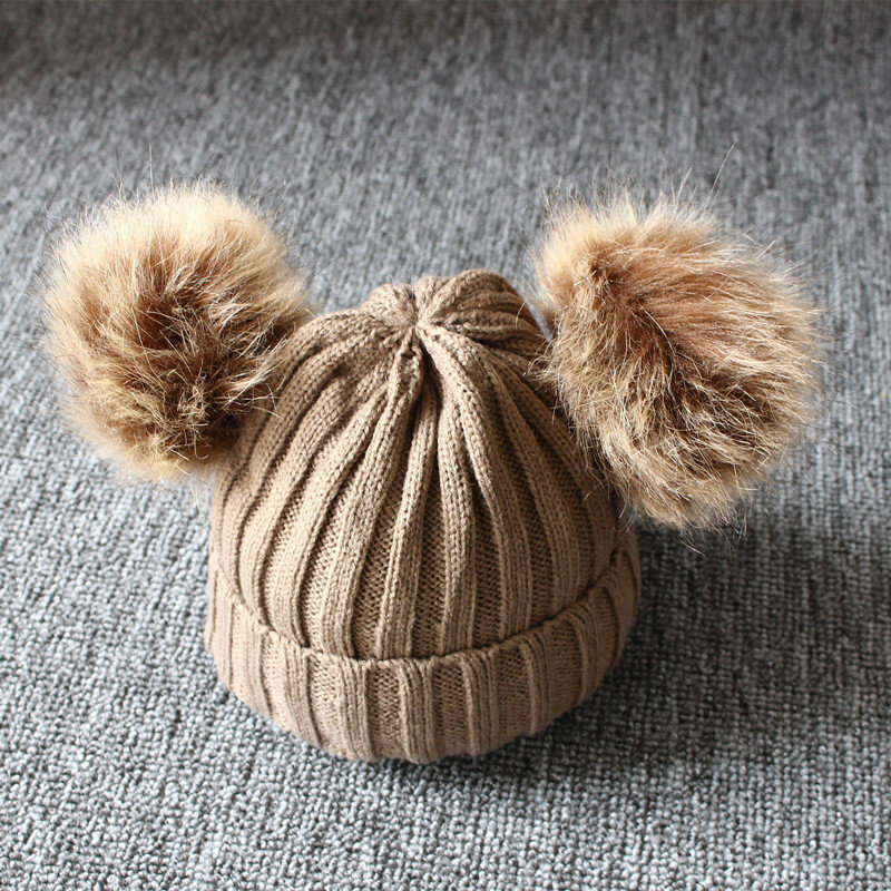 Conjunto de cachecol de lã de malha infantil, chapéu, boné, pompom, cachecóis, grosso, quente, bandana, imitação de pele de raposa, outono, inverno
