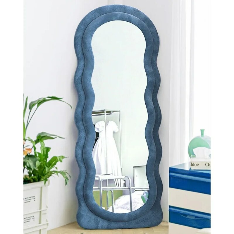 Miroir de sol avec support, miroir mural pleine longueur, miroir ondulé irrégulier, cadre en bois enveloppé de glouton, miroirs bleus