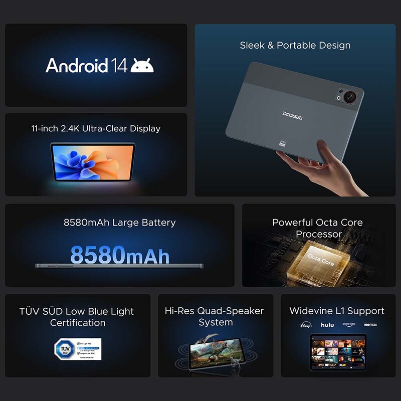 Tablet DOOGEE com alto-falantes Quad, T30SE, Android 14, T606 Octa Core, 2.4K, 4GB, 128GB, 8580mAh, 11"