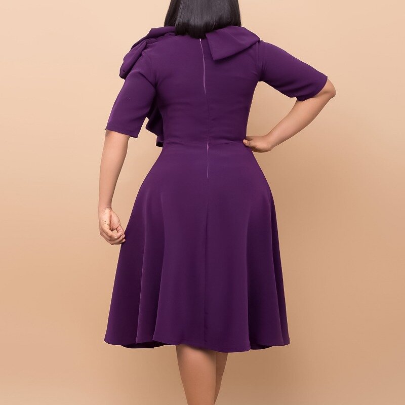 Elegant Office Lady Solid Color A-Line Dress Patchwork Design Ruffles Zipper Decor O-Neck Half Sleeve High Waist Slim Dress