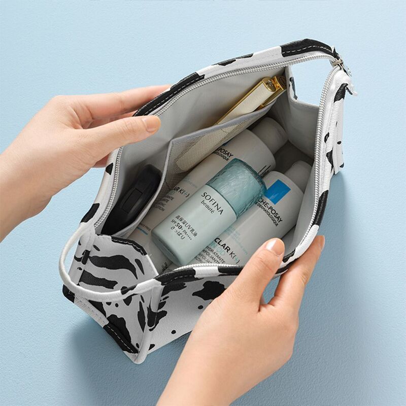 PU Portable Cow Pattern Outdoor Zipper Style Waterproof Cosmetic Container Women Cosmetic Bag Toiletries Bag Makeup Bag