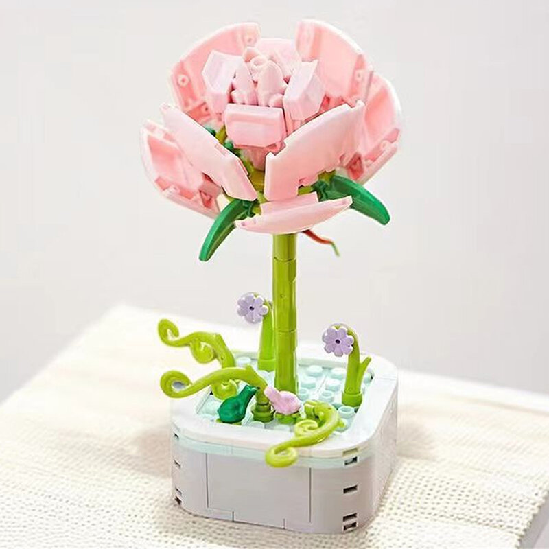 ช่อดอกไม้รูปแบบ3D ของเล่นโชคดีขนาดเล็กประกอบ DIY ด้วยอิฐตกแต่งบ้านกระถางปลูกพืช