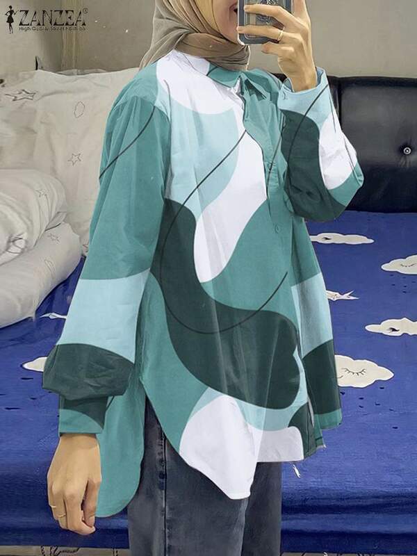 ZANZEA-Blusa Abaya muçulmana estampada floral para mulheres, camisa de manga comprida, gola lapela, roupa islâmica casual, moda vintage, outono