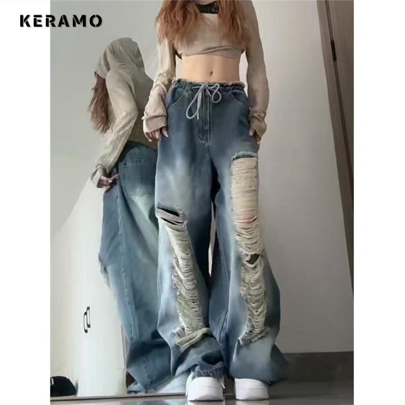 2024 wiosna w stylu Vintage Harajuku Y2K luźne jeansy sznurowane z wycięciami niebieskie spodnie damskie z szerokimi nogawkami, luźne, podarte spodnie dżinsowe