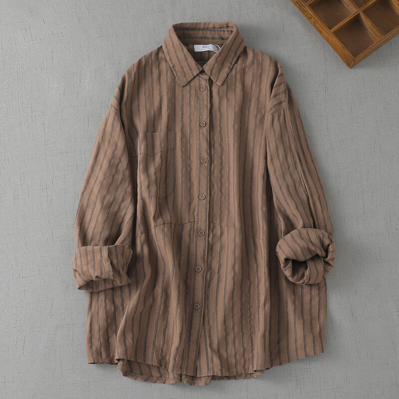 SuperAen Vertical Striped Linen Shirt Women's Autumn Casual Japanese Layered Shirt Long-sleeved Casual Shirts