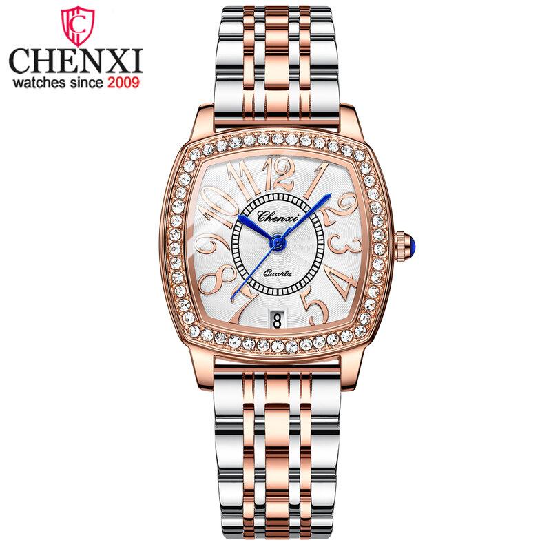 RoseGold-relojes de lujo para mujer, reloj de pulsera de cuarzo de acero inoxidable, resistente al agua, con calendario