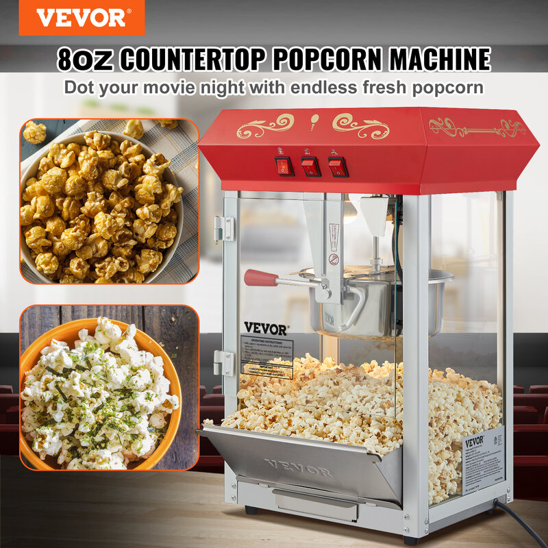 Macchina per Popcorn commerciale VEVOR, bollitore da 8/12 once, macchina per Popcorn da appoggio, Popper stile teatro con controllo a 3 interruttori, rosso