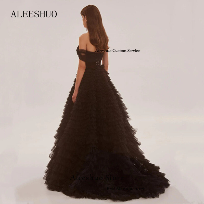 Aleeshuo Luxury Black One Shoulder Sleeveless Prom Dress High Side Slit Gown Dresses Sexy Net Backless Lace Up Floor Length 2024