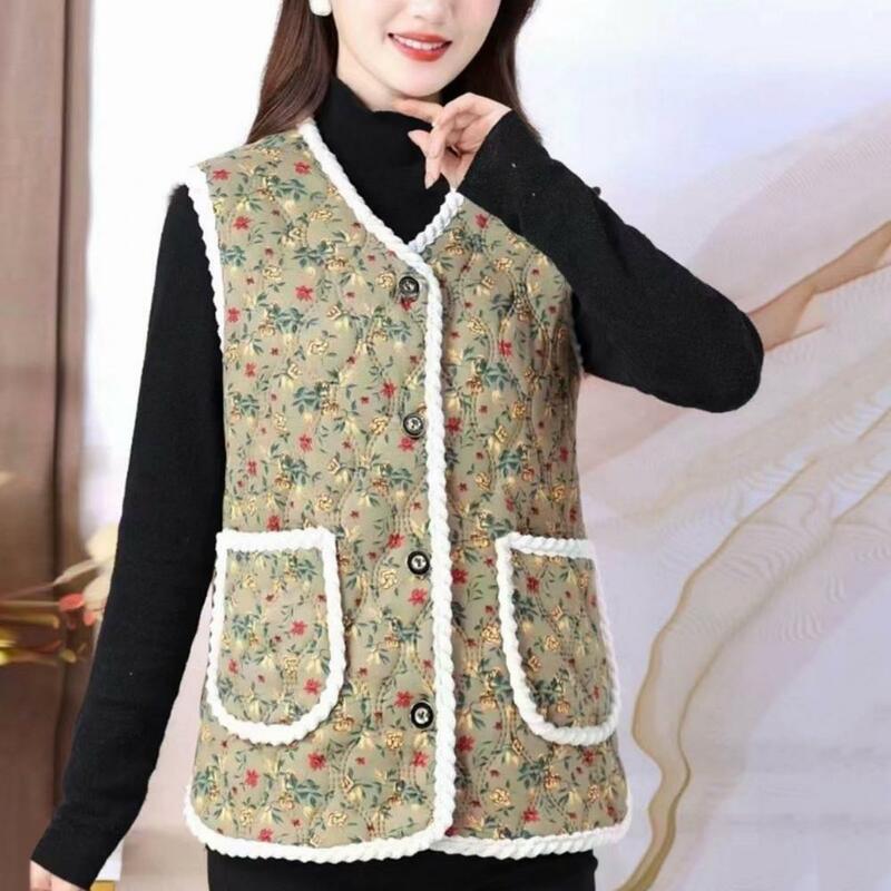 Fall Winter Women Vest Coat Floral Print Padded Plush Waistcoat Windproof Pockets Single-breasted Butttons V Neck Mother Vest
