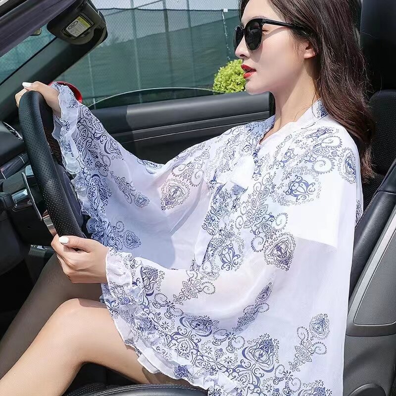2024 New Thin Print Sunscreen Shawl Women Summer UV Protection Riding Sunscreen Cloak Lady Poncho Capes Black