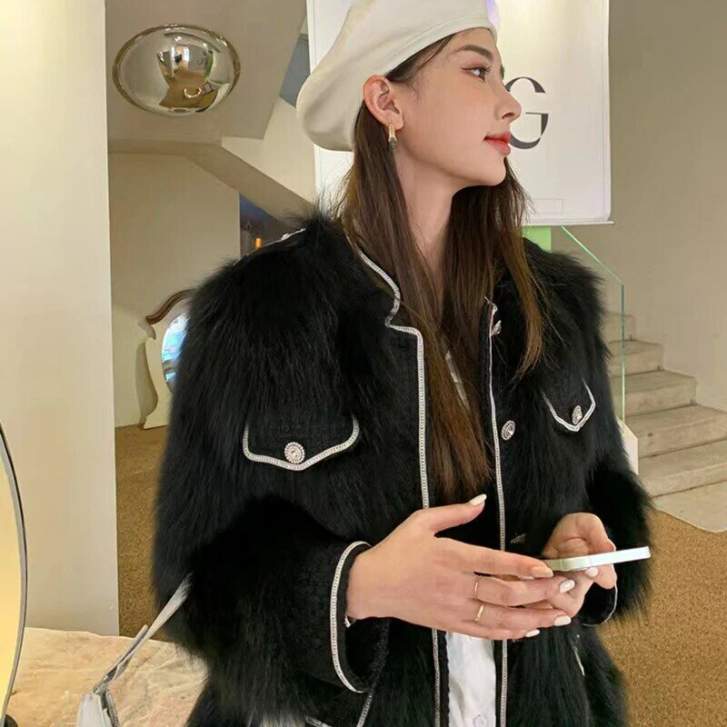 Winter Woman Coat 2022 Very Warm Socialite Style Diamond Decoration Single-Breasted Full Pelt Black Fox Fur Jackets Ceketler