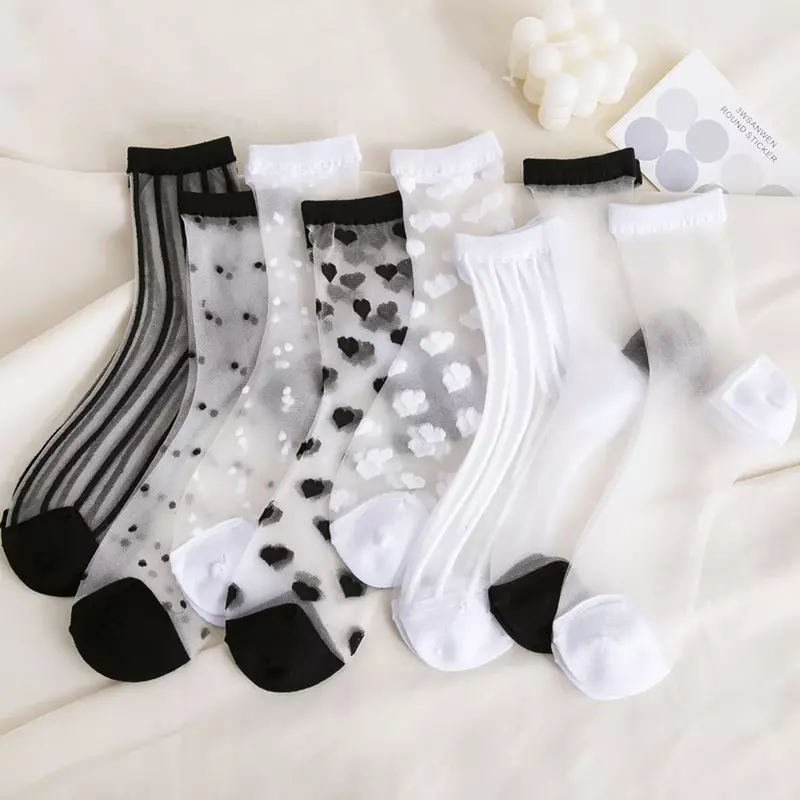 Kristall Seide Socken Sommer ultra dünne transparente Crew Socken Mode schwarz weiß sexy Mesh Netz dünne Harajuku Glas Seide Socken