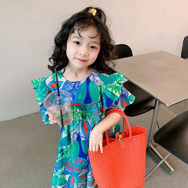 Vestidos com estampa floral infantil, design feminino, moda verão, estilo coreano, babados roupas