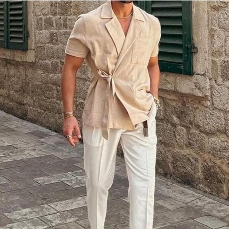 Setelan kemeja lengan pendek Linen warna polos musim panas, pakaian pria Atasan kasual sederhana longgar tali Lapel Prancis elegan