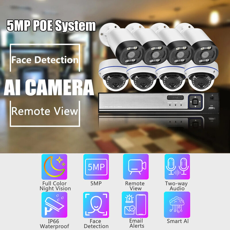 Gadinan 5MP Security System POE Video Surveillance Set 8CH NVR Kit CCTV Outdoor AI Voice Alert Bullet/Face Detection Dome Camera