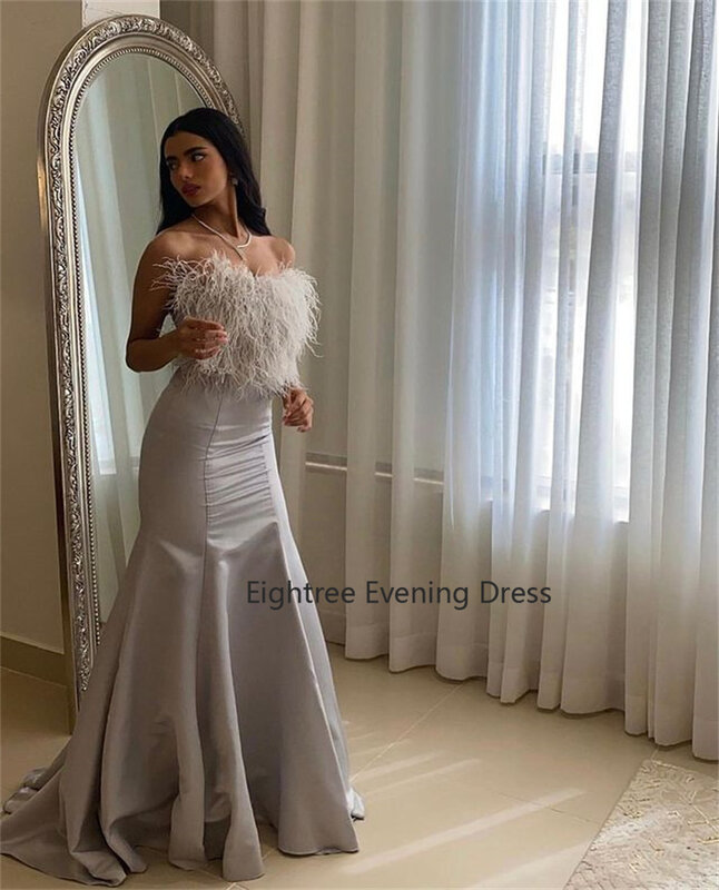 Eightree Bạc Nàng Tiên Cá Váy Ngủ Dây Bám Bẩn Pleat Lông Ả Rập Saudi Ả Rập Nữ 2022 Vũ Hội Đầm Dự Tiệc Trang Trọng Đầm