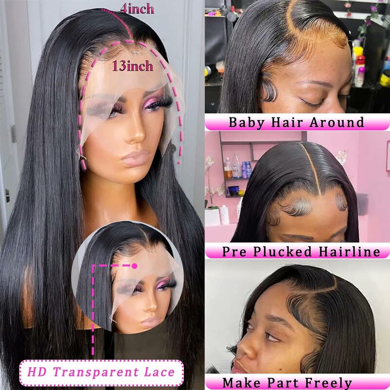 Perruque Lace Front Wig Brésilienne Naturelle Lisse, Cheveux Vierges, Sans Colle, 13x4 HD, pour Femme Africaine