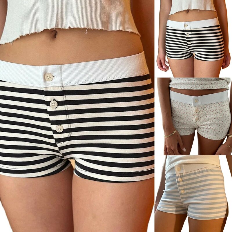 2024 Summer Low Waist Female Chic Bottoms Casual Soft Cotton Front Buttons Shorts Women Cute Striped Print Sexy Slim Fit Pajama