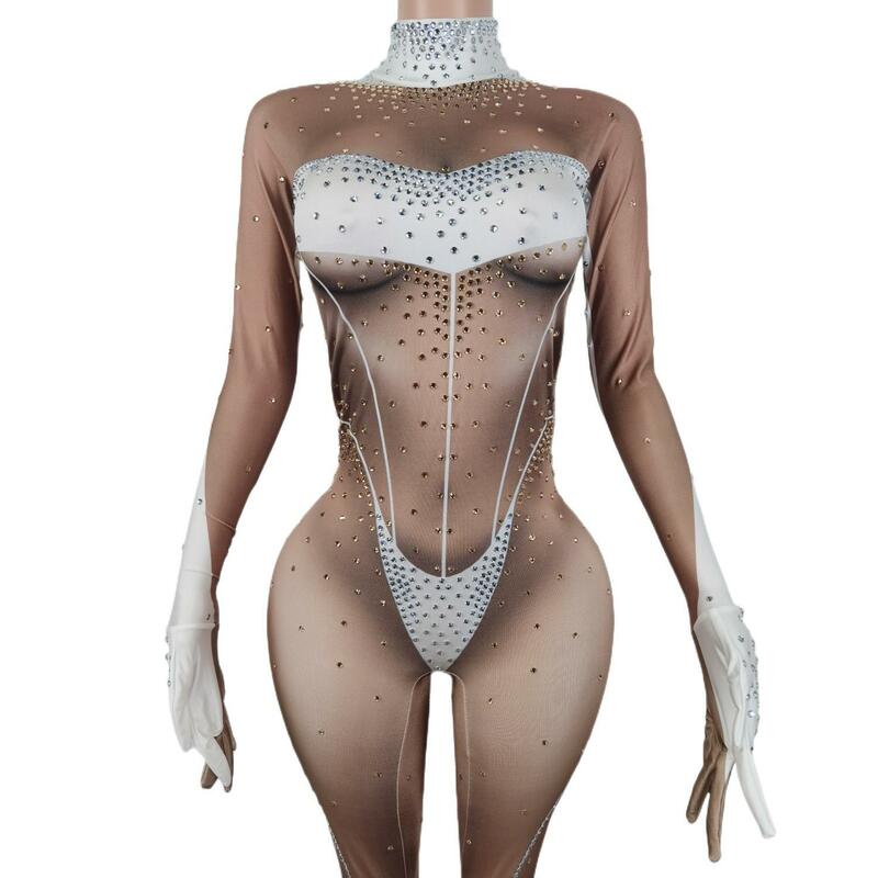 Stage Sparkly Crystal Stretchy tuta guanti donna Pole Dance Costume Nightclub Party Dancer Performance Stage Wear Xianduan