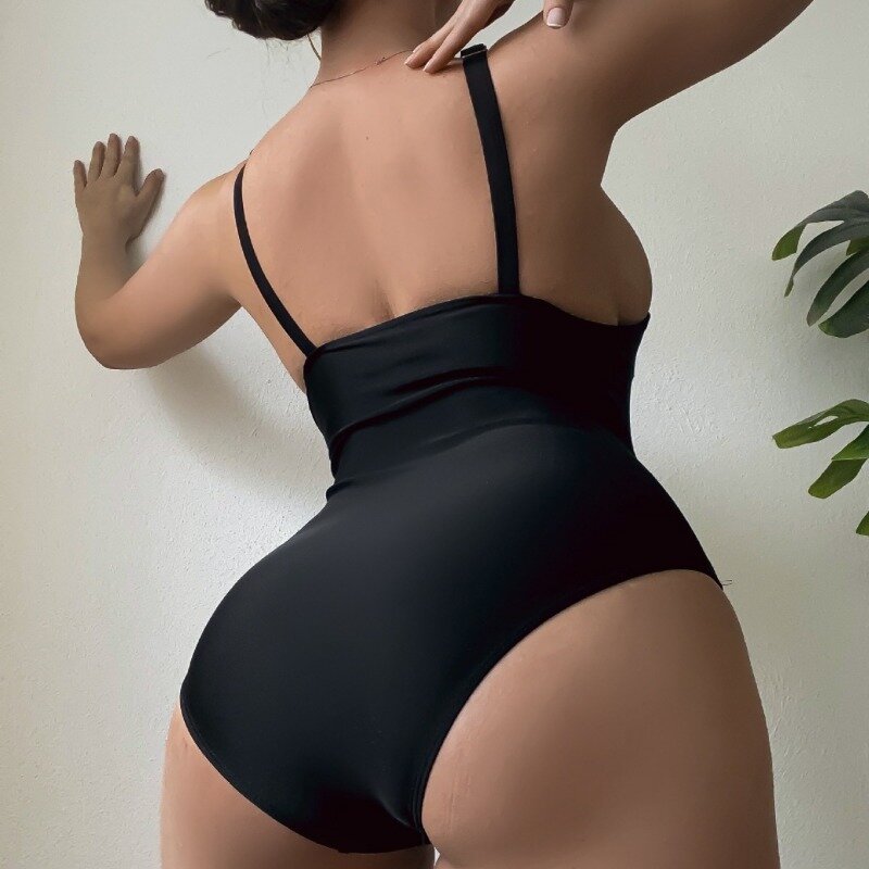 Maiô de malha oca patchwork para mulheres, maiô sem costas, maiô de uma peça, monokini, preto, sexy, 2022