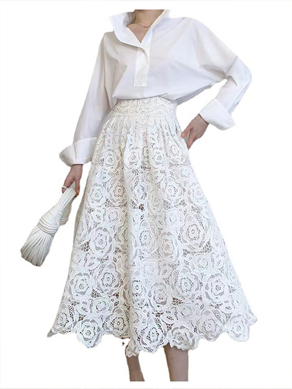 Women White Skirt Elegant Lace High Waist Hollow Out A-Line Casual Sweet Holiday Chic Fashion Vintage Autumn Long Skirts