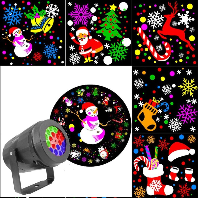 Proyector láser giratorio de Navidad, luces de escenario de fiesta de copo de nieve, Papá Noel, impermeable, 16 patrones
