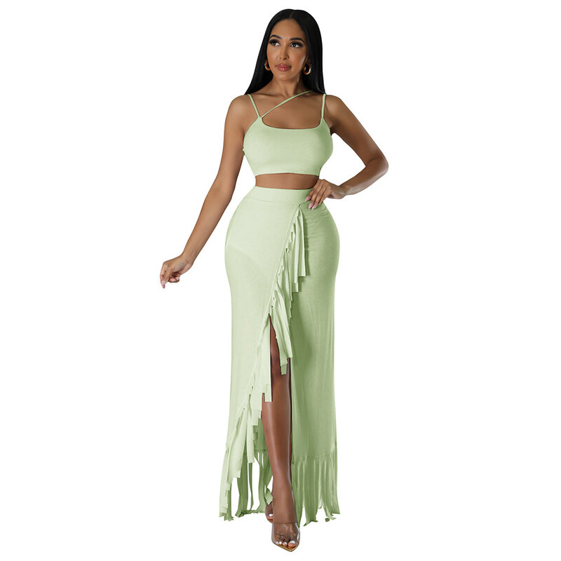 Summer Woman Two Pieces Suit Tassels Bodycon Skirt with Strap Top Elegant Holiday Clothing