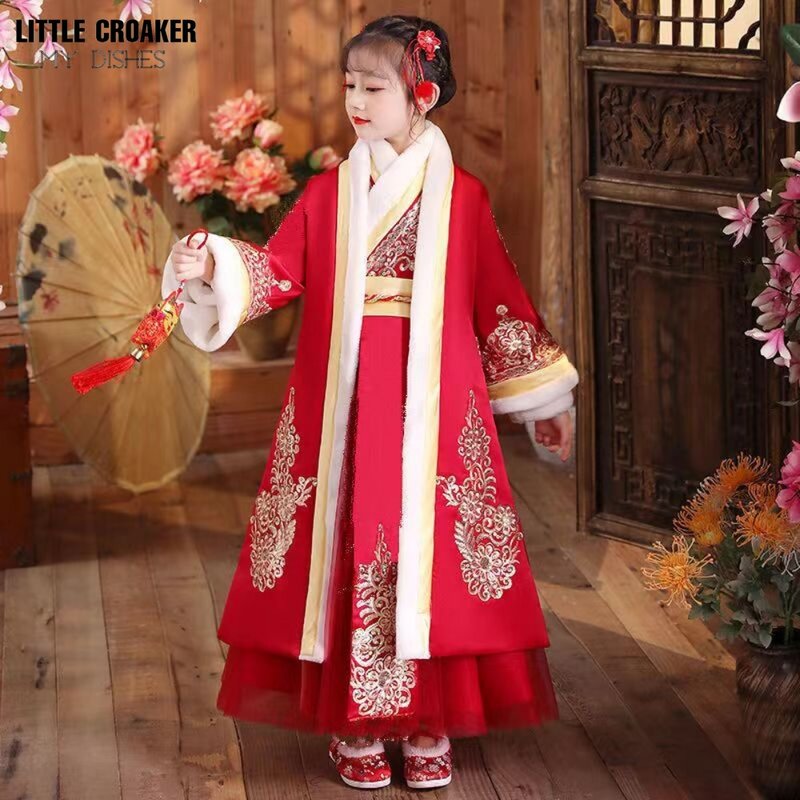 Детский зимний костюм сказочной Феи ханьфу, стеганое платье, Детский костюм Тан, китайская Новогодняя одежда для девочек, платье с пальто