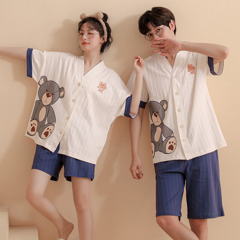 New 3XL Fashion Pajama for Couple Summer Soft Cotton Kimono Style Sleepwear Man and Woman Leisure Pijama Loungewear