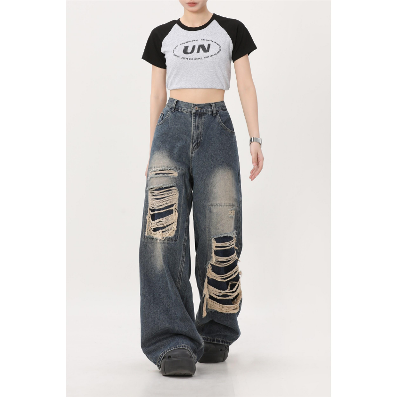High Street Retro robek wanita Jeans Y2K gaya Amerika longgar dicuci lurus kaki lebar celana pasangan saku celana mengepel