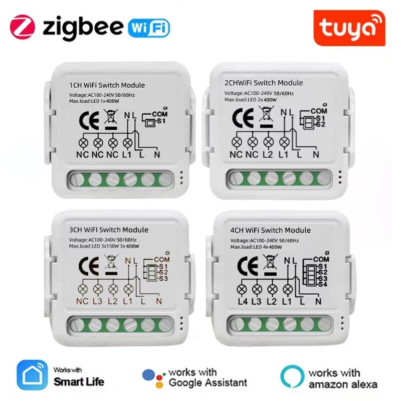 Tuya ZigBee 3.0 Switch Module 10A Smart Home DIY Breaker 1 2 3 4 Gang Supports 2 Way Control Works with Alexa Google Home