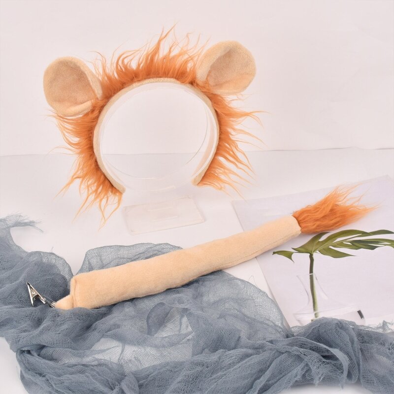 Lion Costume Set Lion Ears Tail Plush Animal Fancy Costume Kit Accessories for Kids Adults Halloween Cosplay Accessories