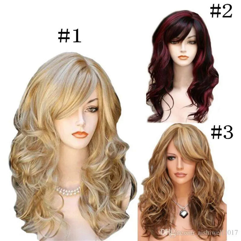 Długie faliste peruka syntetyczna Bla/brązowy/złoty kobiety o wysokiej temperaturze włosy bezklejowe na imprezę Cosplay falowe peruka z kręconych włosów 11 styl