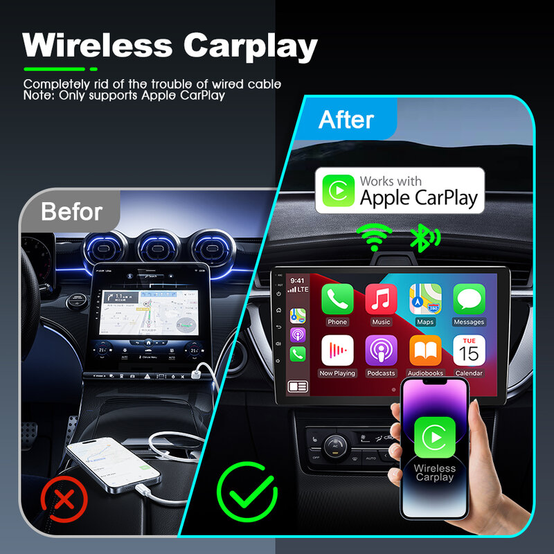 Adaptateur Carplay sans fil, lumière ambiante LED, USB, jeu de voiture pour Havel, Buick, Chery, Honda, Jeep, Mazda, Lexus, Kia, MG, Ford, Chevrolet