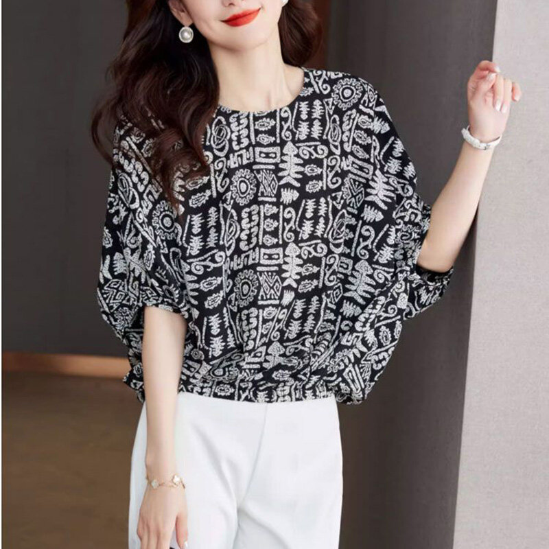 Elegant O-Neck Printed Batwing Sleeve Chiffon Blouses Women's Clothing 2024 Summer New Loose All-match Tops Office Lady Shirts