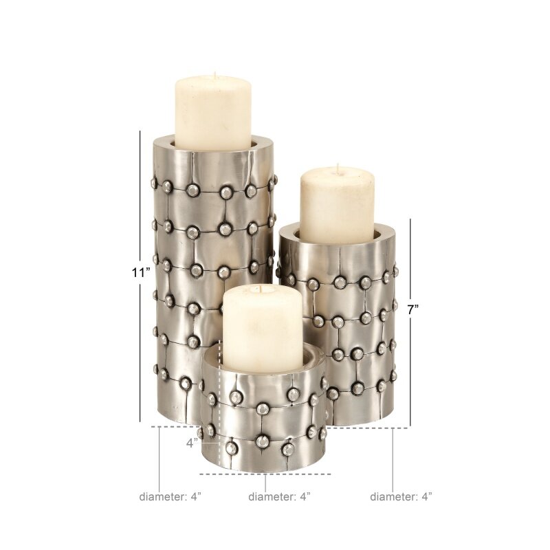 Decmode 3 Kerze Silber Metall hand gefertigte Säule Kerzenhalter mit Nieten, 3er Set