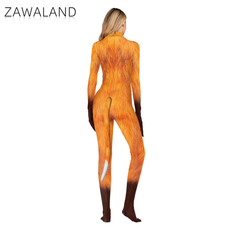 Zawaland-disfraces de Halloween para mujer, traje de mascota Zentai con estampado 3D de zorro Animal, mono Delgado Sexy, vestido de lujo