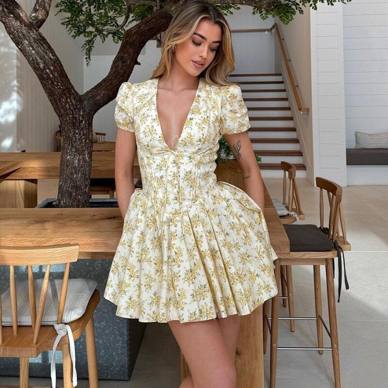 TARUXY Sexy Deep V Short Sleeve Floral Mini Dress Women's Lined Folds Patchwork Fashion Ball Gown Dress Club Party Outfit Summer