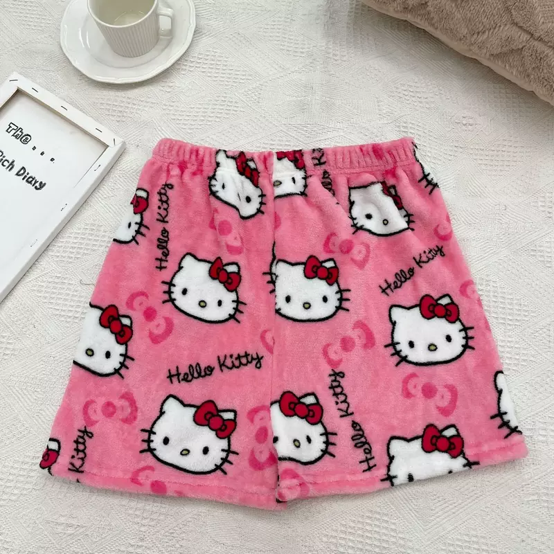 Sanrio Hello Kitty Pyjama Broek Korte Broek Kawaii Y 2K Flanel Dames 2024 Zomer Nieuwe Hoge Taille Short Amerikaanse Hotpants Meisje Cadeau