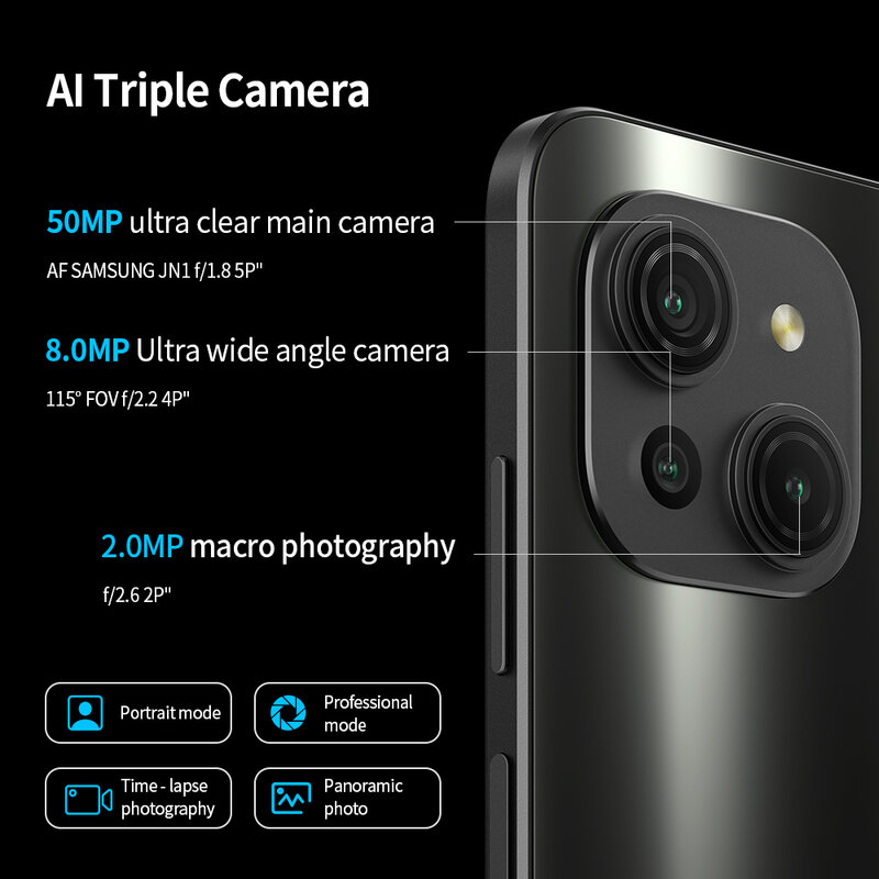 FreeYond M5 Тройная камера, 8 ГБ, 128 ГБ, 50MP AI Тройная камера, 90 Гц IPS экран, 5000 мАч, 18 Вт быстрая зарядка, Android