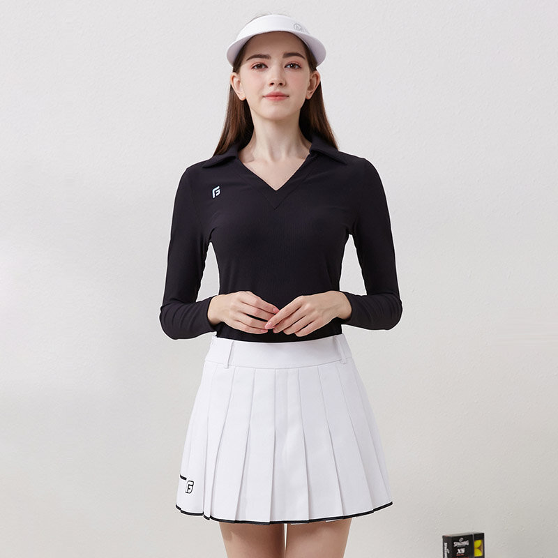 Golfist Frauen A-Linie Golf röcke mit Bowknot Anti-Exposition Plissee Skorts Dame schlanke V-Ausschnitt Kragen Hemd Langarm Golf Tops