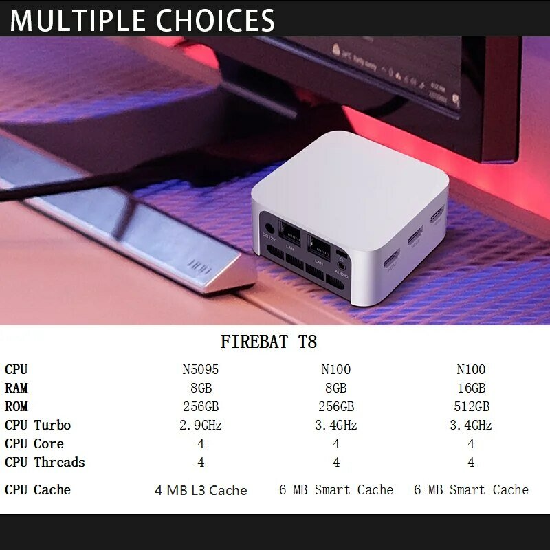 FIREBAT T8 프로 플러스 미니 PC, 인텔 셀러론 N5095 N100 데스크탑 게이밍 컴퓨터, 8GB, 16GB, 256GB, 512GB, DDR4, DDR5, WIFI5, BT4.2