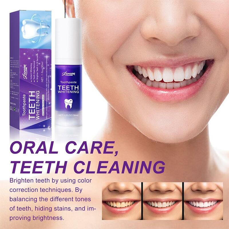 V34ฟอกสีฟันสีม่วงโปรแก้ยาสีฟันทำความสะอาดคราบเหลืองดูแลรอยยิ้มเคลือบฟันเคลือบฟันปากลดการ U1k7ใหม่ง่าย