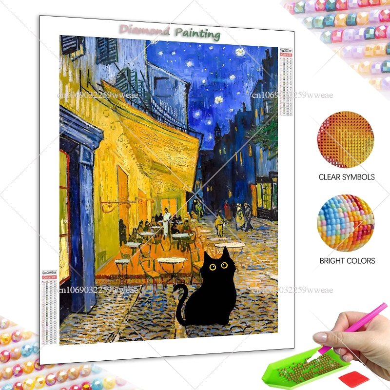 Peinture au diamant de chat noir, broderie de mosaïque de biscuits complets, art carré, promenade dans la rue, indépendant, nouveau, 2024